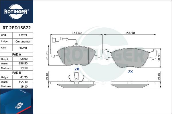 Rotinger RT 2PD15872 - Гальмівні колодки, дискові гальма autozip.com.ua