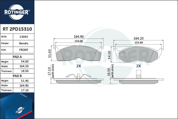 Rotinger RT 2PD15310 - Гальмівні колодки, дискові гальма autozip.com.ua