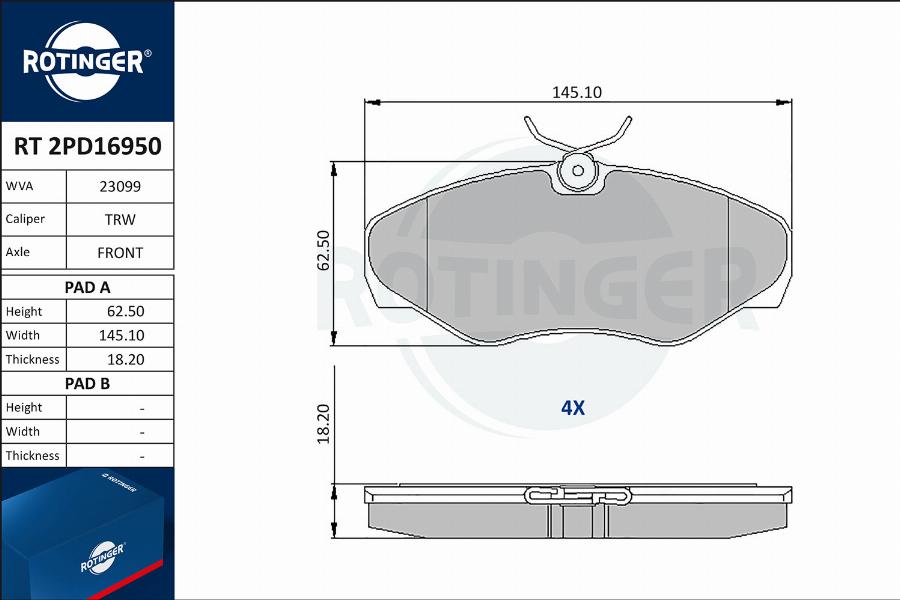 Rotinger RT 2PD16950 - Гальмівні колодки, дискові гальма autozip.com.ua