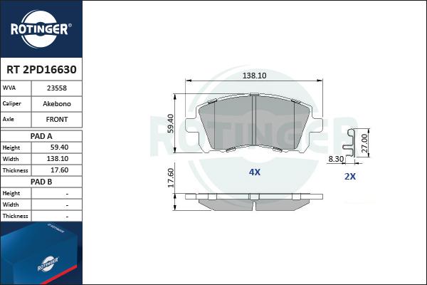 Rotinger RT 2PD16630 - Гальмівні колодки, дискові гальма autozip.com.ua