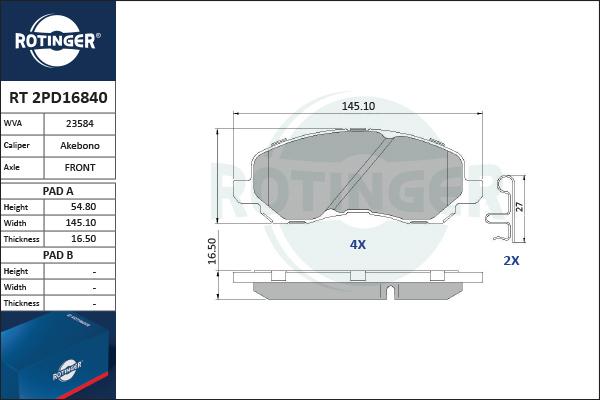 Rotinger RT 2PD16840 - Гальмівні колодки, дискові гальма autozip.com.ua