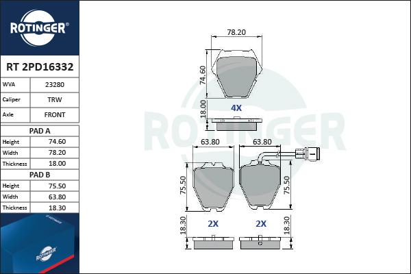 Rotinger RT 2PD16332 - Гальмівні колодки, дискові гальма autozip.com.ua