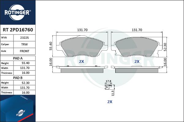 Rotinger RT 2PD16760 - Гальмівні колодки, дискові гальма autozip.com.ua