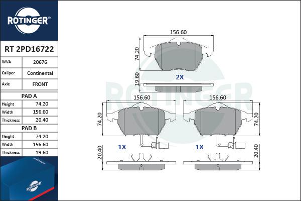 Rotinger RT 2PD16722 - Гальмівні колодки, дискові гальма autozip.com.ua