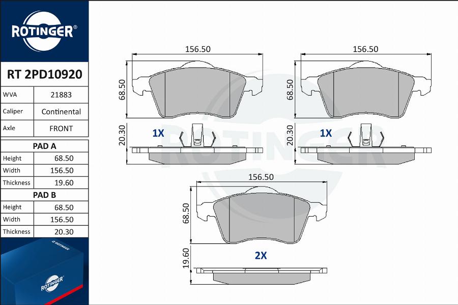 Rotinger RT 2PD10920 - Гальмівні колодки, дискові гальма autozip.com.ua