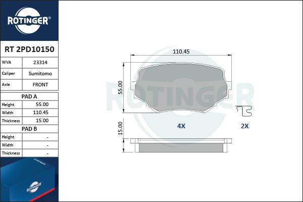 Rotinger RT 2PD10150 - Гальмівні колодки, дискові гальма autozip.com.ua