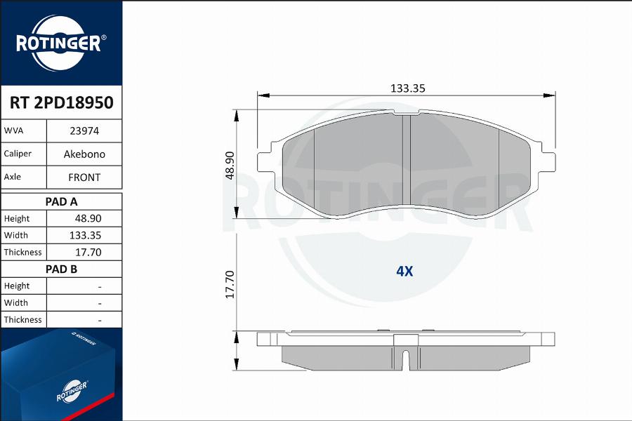 Rotinger RT 2PD18950 - Гальмівні колодки, дискові гальма autozip.com.ua