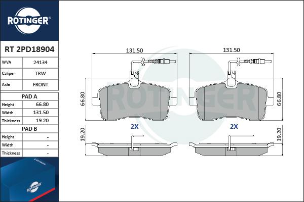 Rotinger RT 2PD18904 - Гальмівні колодки, дискові гальма autozip.com.ua