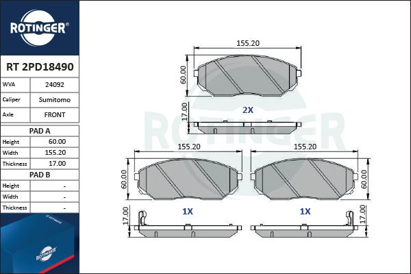 Rotinger RT 2PD18490 - Гальмівні колодки, дискові гальма autozip.com.ua