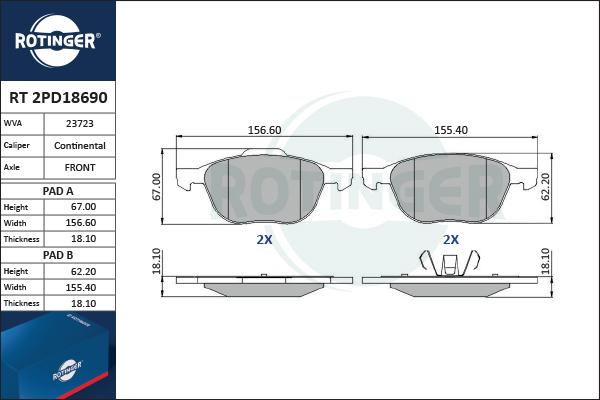 Rotinger RT 2PD18690 - Гальмівні колодки, дискові гальма autozip.com.ua