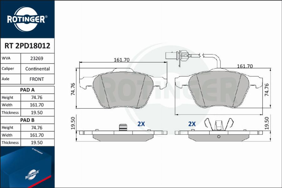 Rotinger RT 2PD18012 - Гальмівні колодки, дискові гальма autozip.com.ua