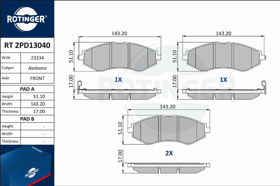 Rotinger RT 2PD13040 - Гальмівні колодки, дискові гальма autozip.com.ua