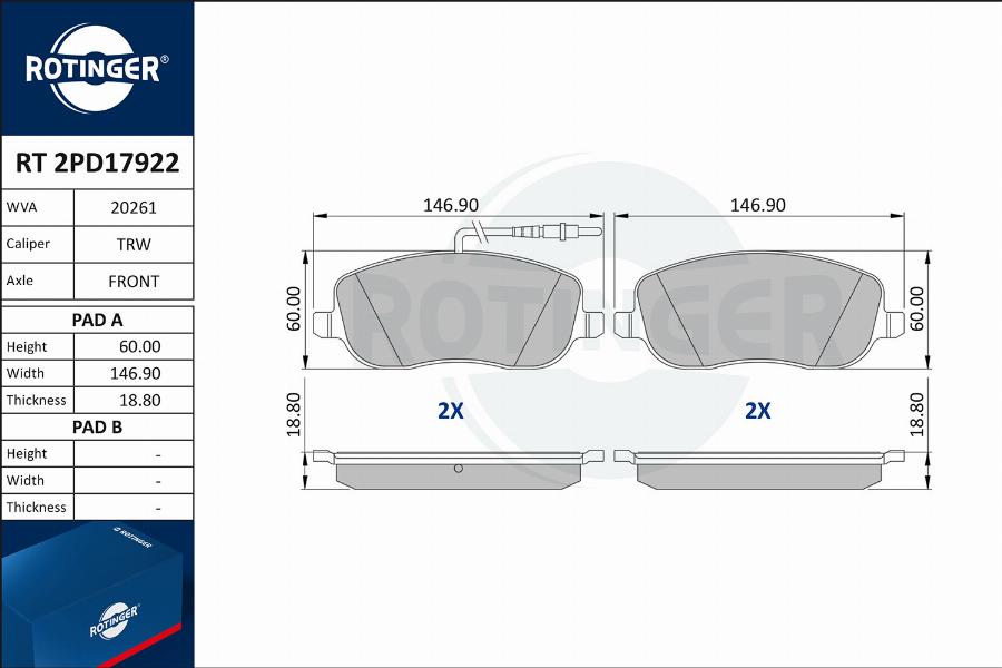 Rotinger RT 2PD17922 - Гальмівні колодки, дискові гальма autozip.com.ua