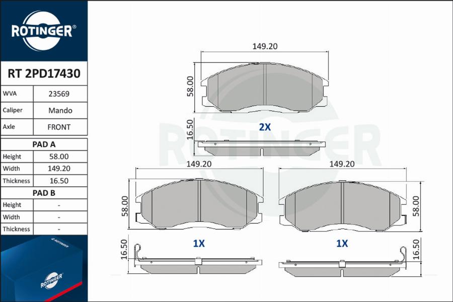 Rotinger RT 2PD17430 - Гальмівні колодки, дискові гальма autozip.com.ua