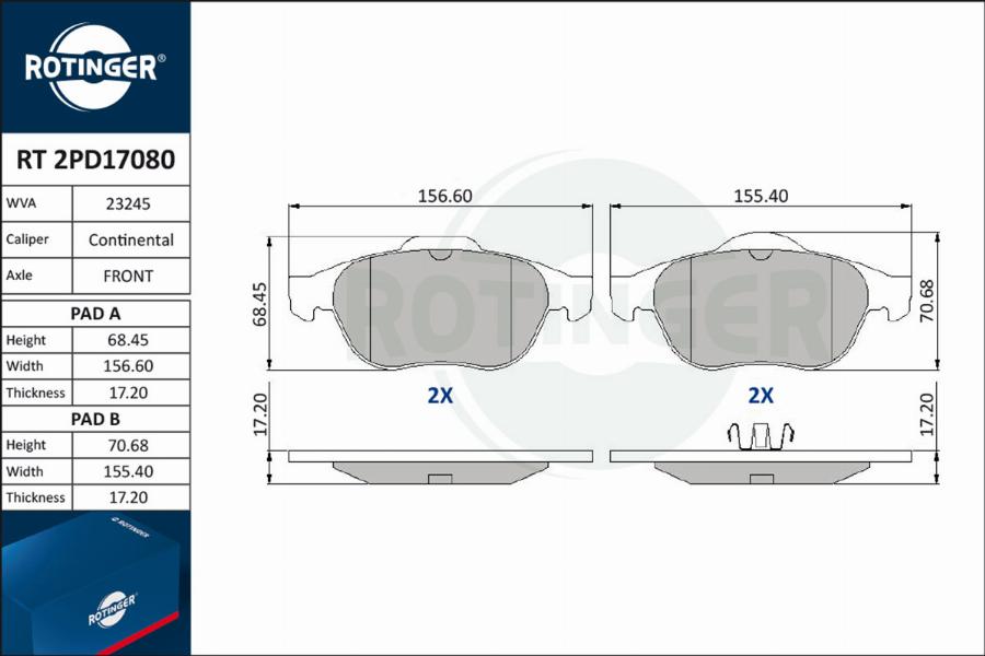 Rotinger RT 2PD17080 - Гальмівні колодки, дискові гальма autozip.com.ua