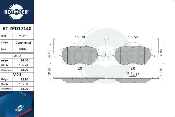 Rotinger RT 2PD17140 - Гальмівні колодки, дискові гальма autozip.com.ua