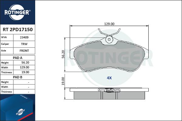 Rotinger RT 2PD17150 - Гальмівні колодки, дискові гальма autozip.com.ua