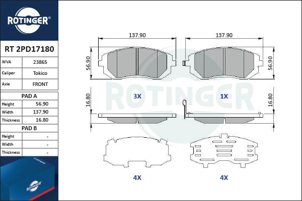 Rotinger RT 2PD17180 - Гальмівні колодки, дискові гальма autozip.com.ua