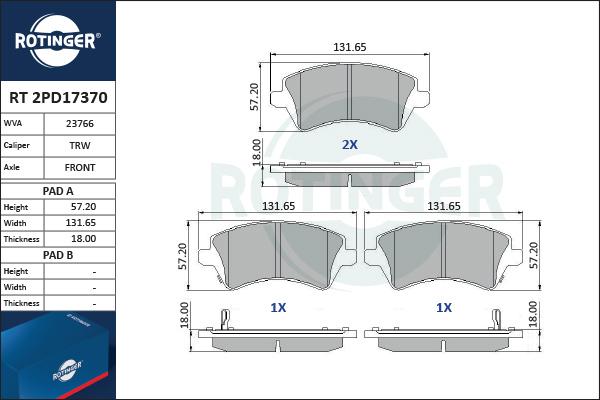 Rotinger RT 2PD17370 - Гальмівні колодки, дискові гальма autozip.com.ua