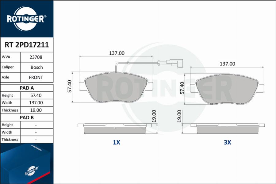 Rotinger RT 2PD17211 - Гальмівні колодки, дискові гальма autozip.com.ua