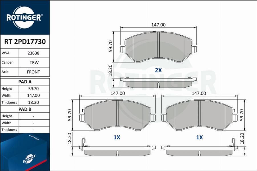 Rotinger RT 2PD17730 - Гальмівні колодки, дискові гальма autozip.com.ua