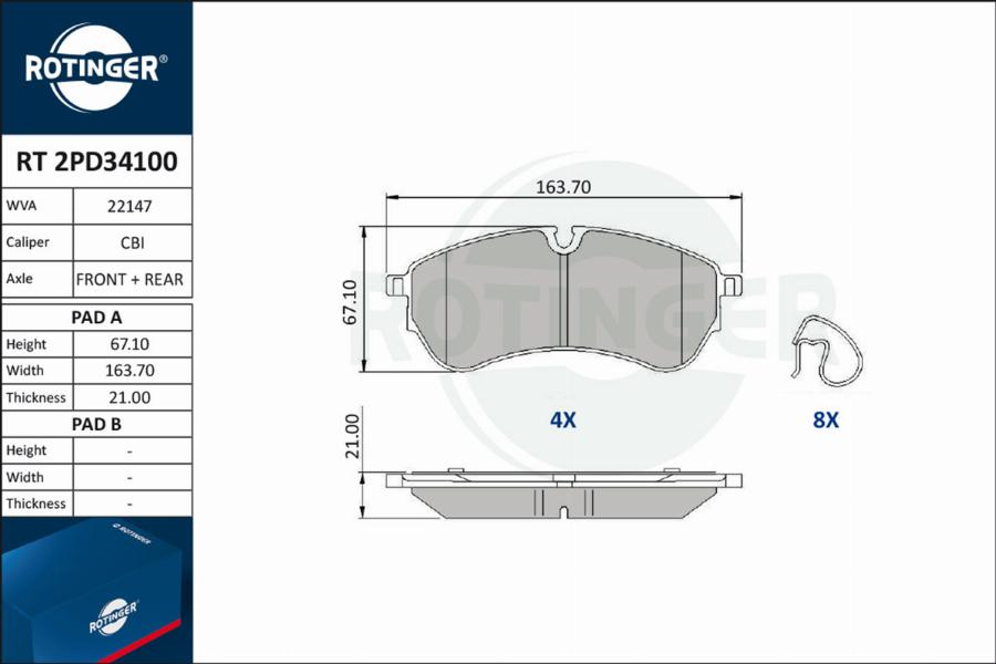 Rotinger RT 2PD34100 - Гальмівні колодки, дискові гальма autozip.com.ua