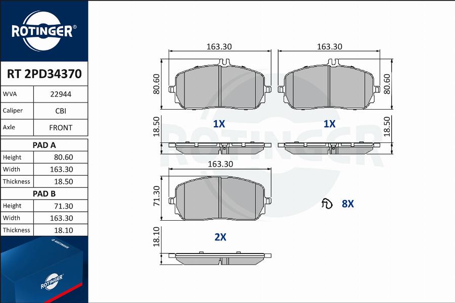 Rotinger RT 2PD34370 - Гальмівні колодки, дискові гальма autozip.com.ua