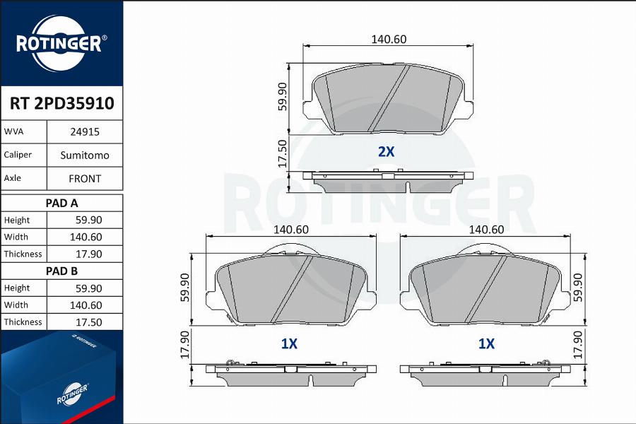 Rotinger RT 2PD35910 - Гальмівні колодки, дискові гальма autozip.com.ua