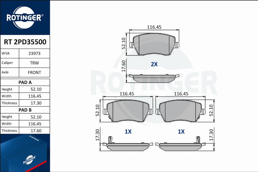 Rotinger RT 2PD35500 - Гальмівні колодки, дискові гальма autozip.com.ua