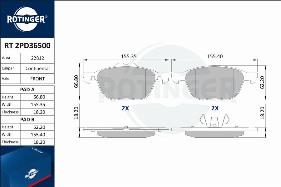 Rotinger RT 2PD36500 - Гальмівні колодки, дискові гальма autozip.com.ua