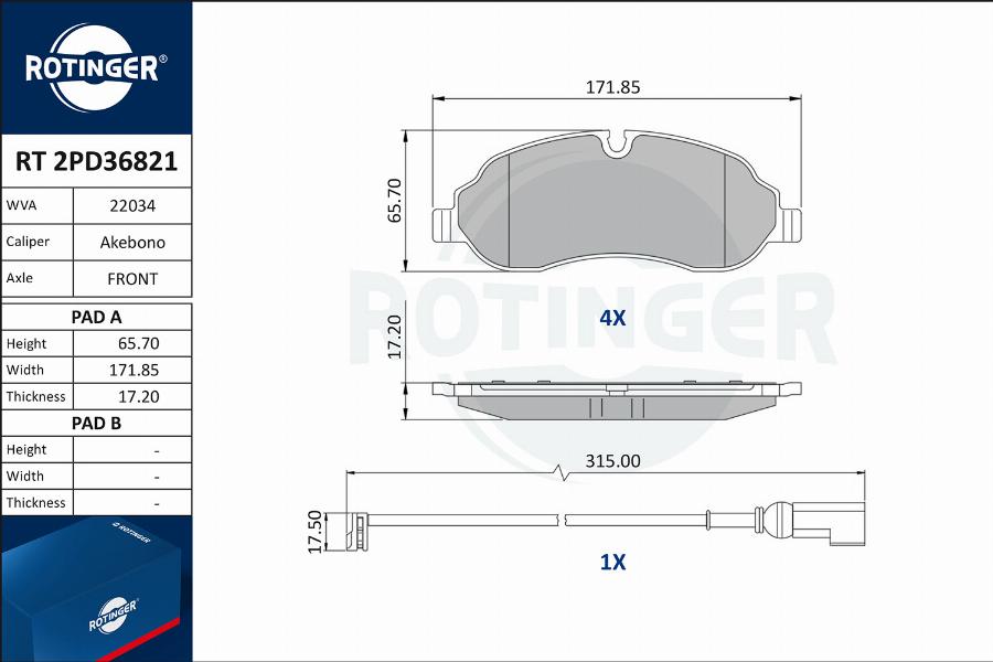 Rotinger RT 2PD36821 - Гальмівні колодки, дискові гальма autozip.com.ua