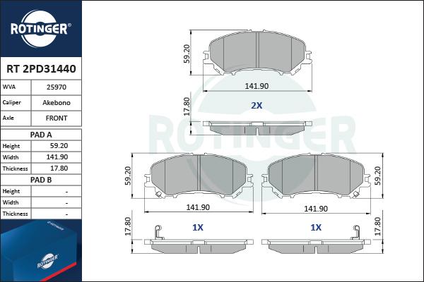 Rotinger RT 2PD31440 - Гальмівні колодки, дискові гальма autozip.com.ua