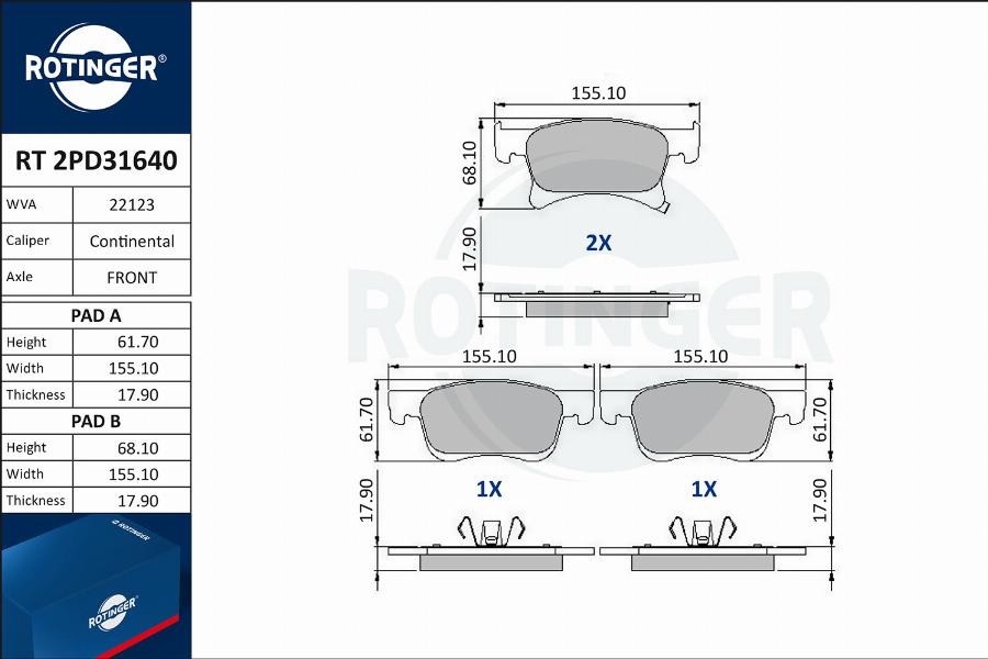 Rotinger RT 2PD31640 - Гальмівні колодки, дискові гальма autozip.com.ua