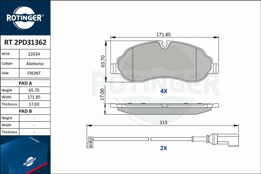 Rotinger RT 2PD31362 - Гальмівні колодки, дискові гальма autozip.com.ua