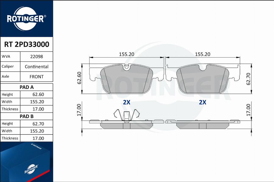 Rotinger RT 2PD33000 - Гальмівні колодки, дискові гальма autozip.com.ua