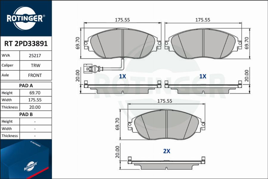 Rotinger RT 2PD33891 - Гальмівні колодки, дискові гальма autozip.com.ua