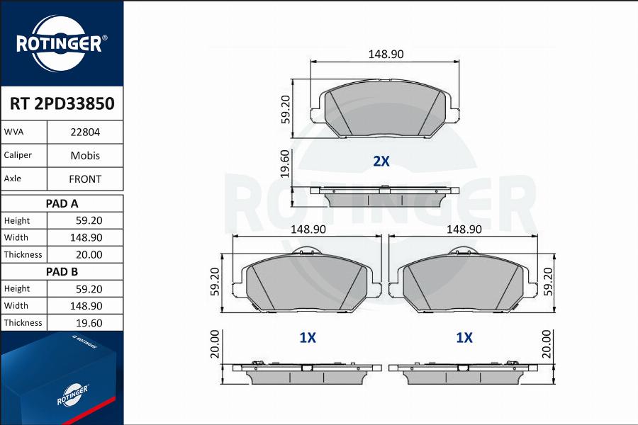 Rotinger RT 2PD33850 - Гальмівні колодки, дискові гальма autozip.com.ua