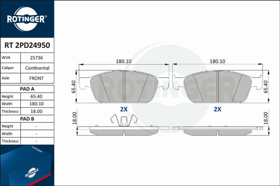 Rotinger RT 2PD24950 - Гальмівні колодки, дискові гальма autozip.com.ua