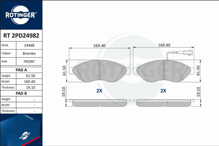 Rotinger RT 2PD24982 - Гальмівні колодки, дискові гальма autozip.com.ua