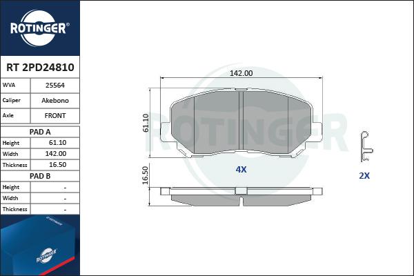 Rotinger RT 2PD24810 - Гальмівні колодки, дискові гальма autozip.com.ua