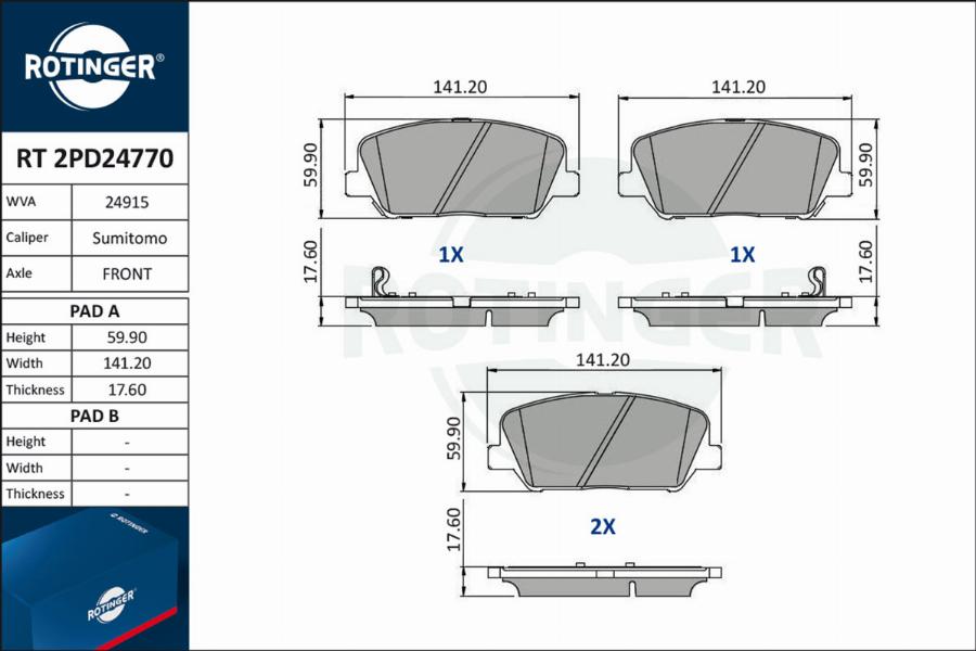 Rotinger RT 2PD24770 - Гальмівні колодки, дискові гальма autozip.com.ua