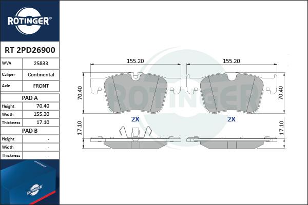 Rotinger RT 2PD26900 - Гальмівні колодки, дискові гальма autozip.com.ua