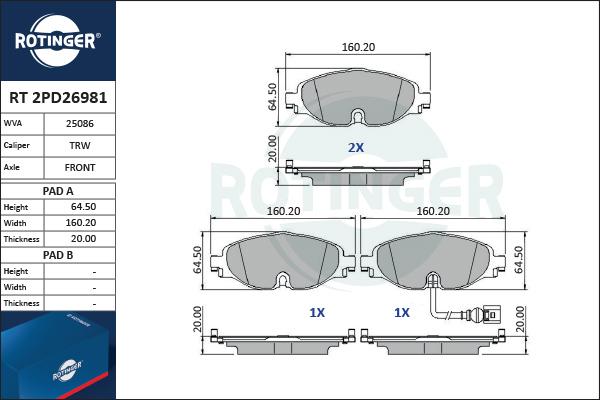 Rotinger RT 2PD26981 - Гальмівні колодки, дискові гальма autozip.com.ua