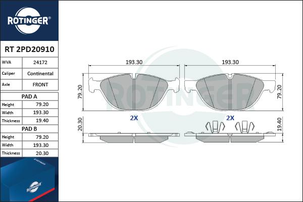 Rotinger RT 2PD20910 - Гальмівні колодки, дискові гальма autozip.com.ua