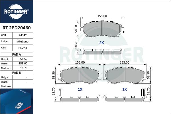 Rotinger RT 2PD20460 - Гальмівні колодки, дискові гальма autozip.com.ua