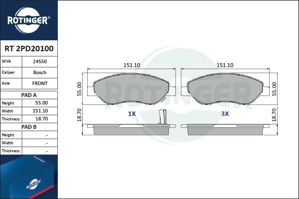 Rotinger RT 2PD20100 - Гальмівні колодки, дискові гальма autozip.com.ua