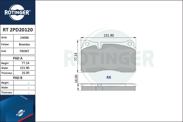 Rotinger RT 2PD20120 - Гальмівні колодки, дискові гальма autozip.com.ua
