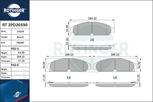 Rotinger RT 2PD20330 - Гальмівні колодки, дискові гальма autozip.com.ua