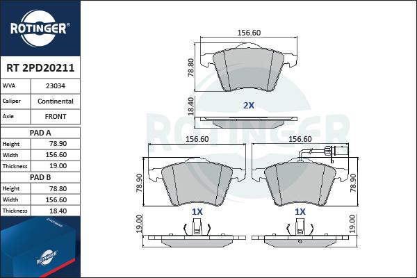 Rotinger RT 2PD20211 - Гальмівні колодки, дискові гальма autozip.com.ua