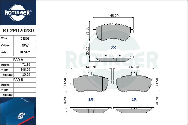 Rotinger RT 2PD20280 - Гальмівні колодки, дискові гальма autozip.com.ua